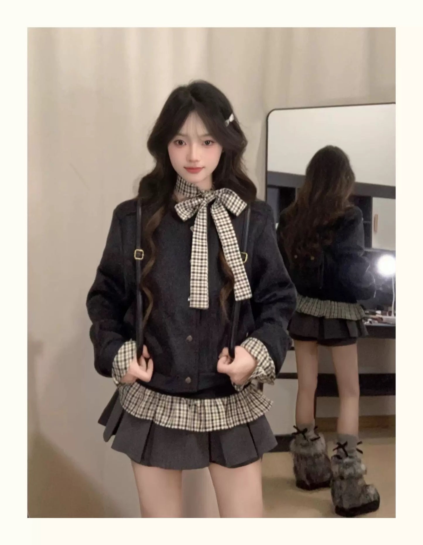 Wool-Blend Baseball Jacket Layered Long-Sleeve Tee & Pleated Skirt Set C0019