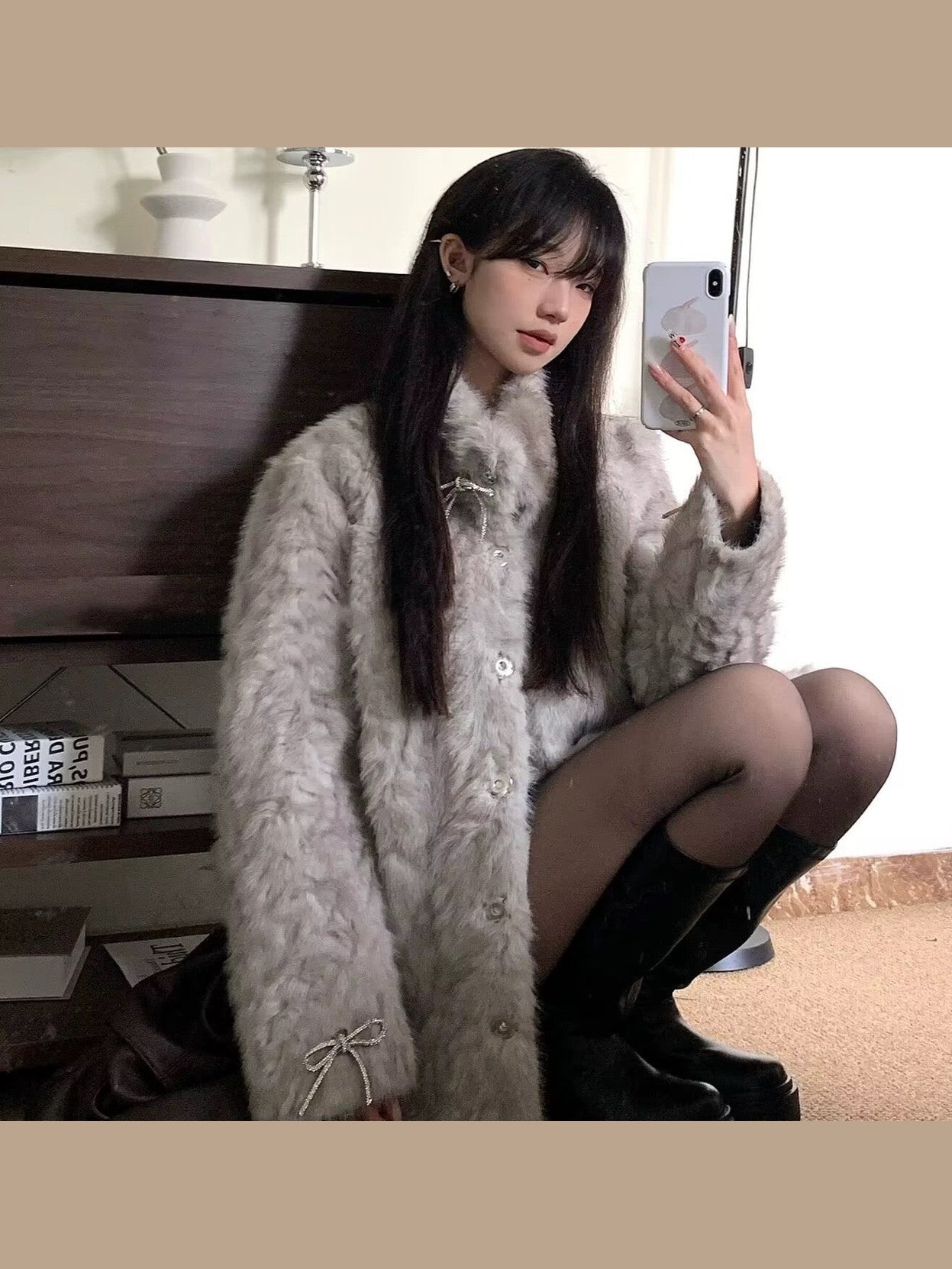 Elegant Bow Stand-Collar Teddy Sherpa Jacket C0046