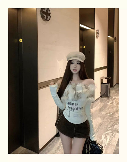 Faux Fur Off-Shoulder Long Sleeve Slim-Fit Waist-Cinching Top C0015