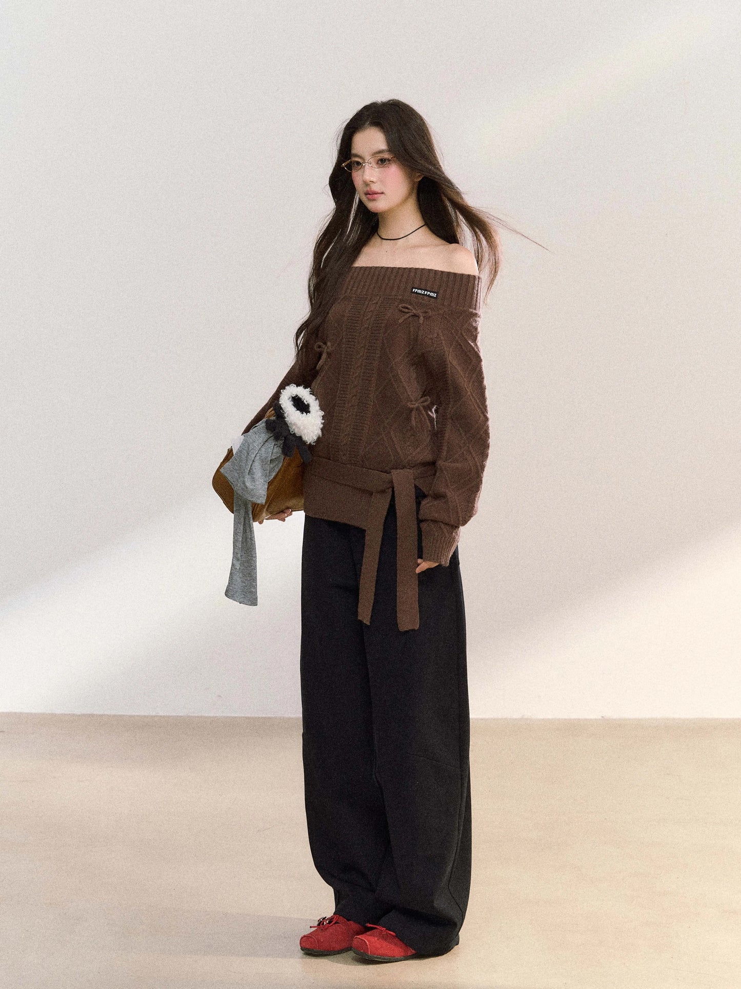 Women’s Off-Shoulder Bow-Knot Sweater with Side Slit C0001