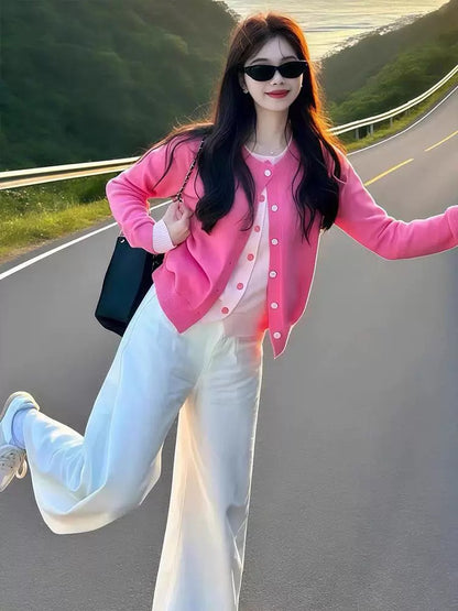 Women’s Pink Layered-Look Knit Cardigan C0011