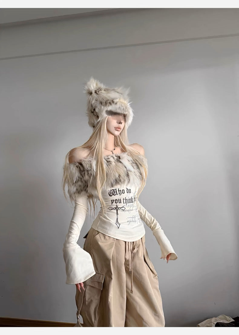 Faux Fur Off-Shoulder Long Sleeve Slim-Fit Waist-Cinching Top C0015