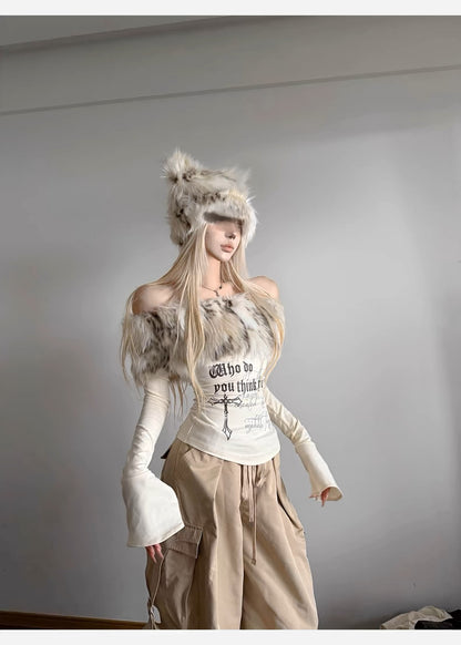 Faux Fur Off-Shoulder Long Sleeve Slim-Fit Waist-Cinching Top C0015