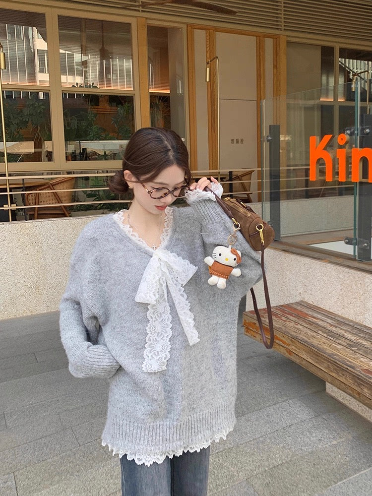 Lace Bowknot Cute Knit Sweater C0039