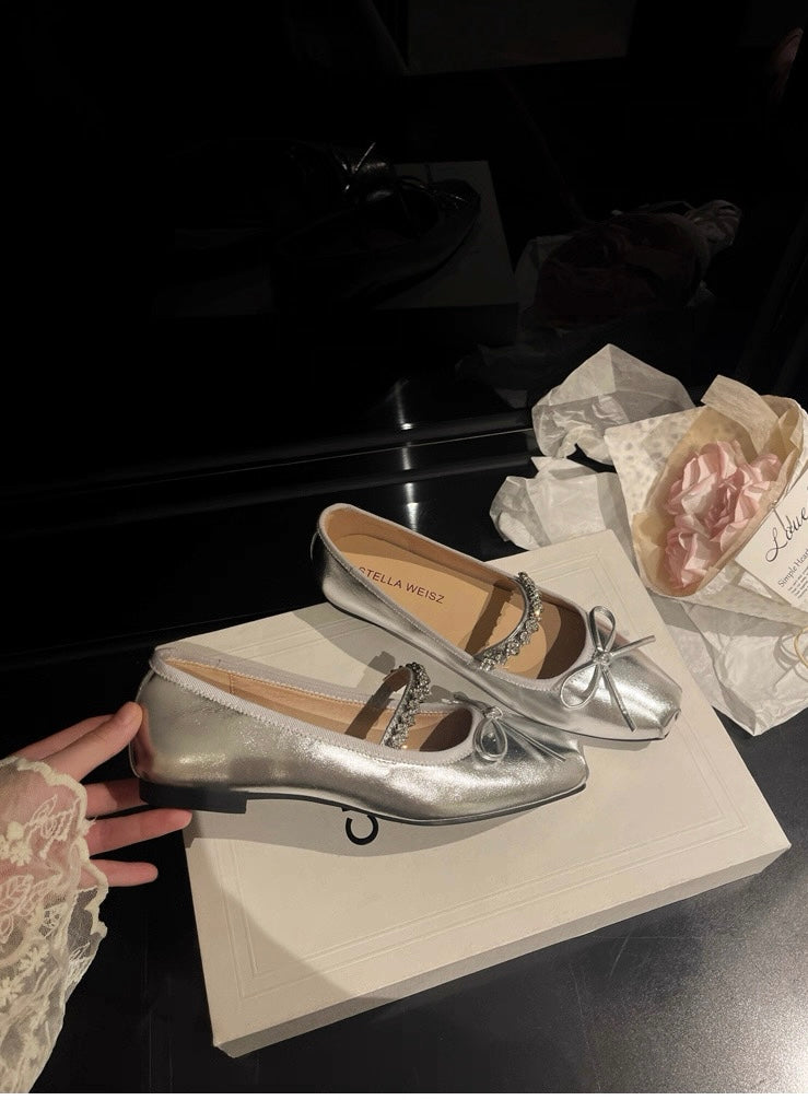 French Square-Toe Bow Ballet Flats S0008