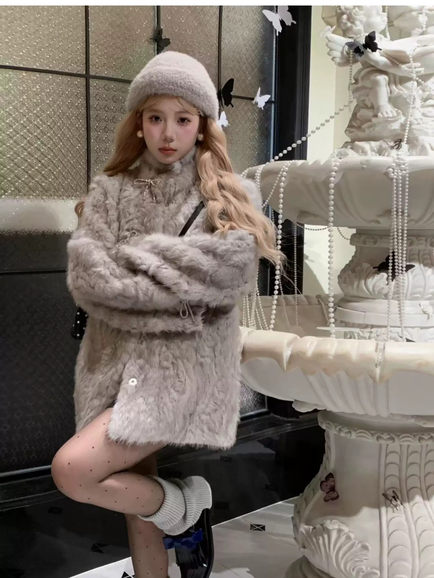 Elegant Bow Stand-Collar Teddy Sherpa Jacket C0046