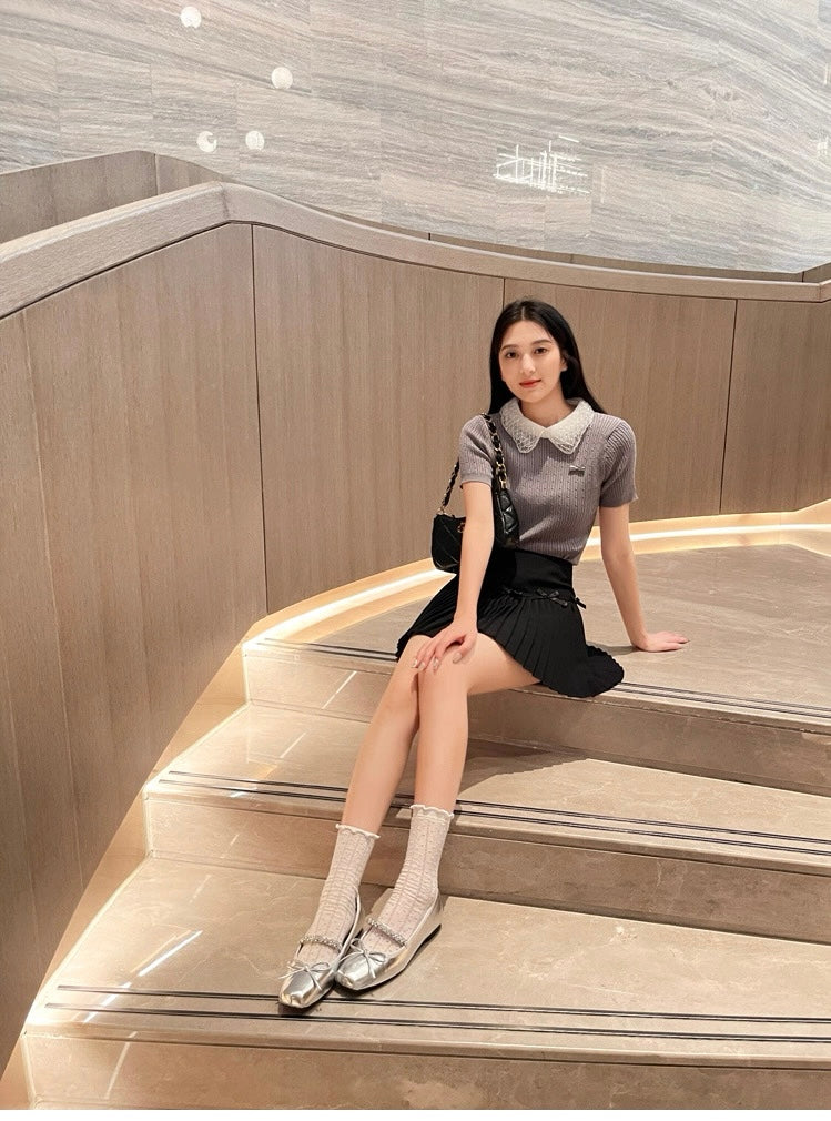 French Square-Toe Bow Ballet Flats S0008