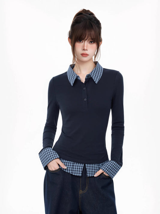 Plaid Splice Polo Collar Faux Two-Piece Tee C0039