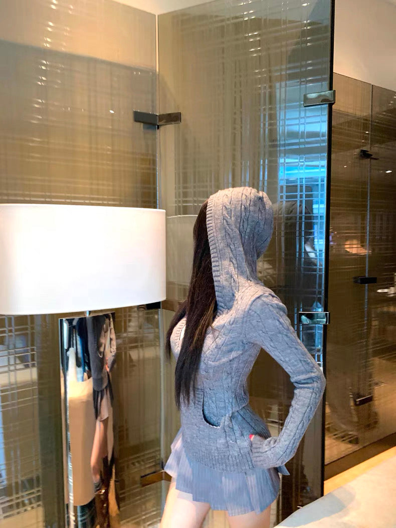 V-Neck Hooded Knitted Pullover for Women C0020