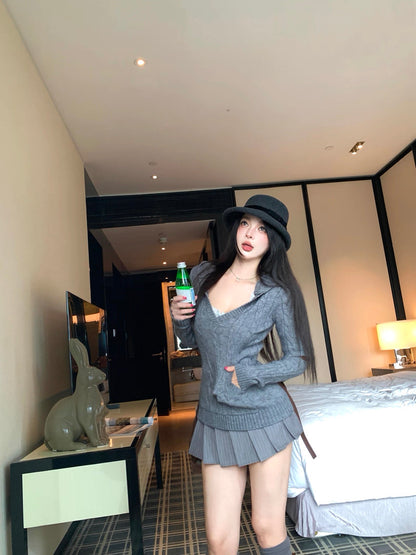 V-Neck Hooded Knitted Pullover for Women C0020