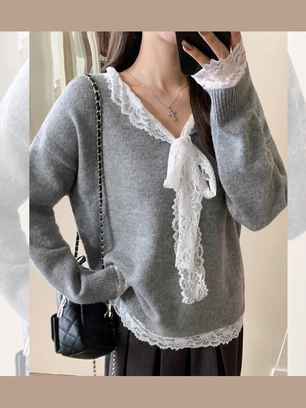 Lace Bowknot Cute Knit Sweater C0039
