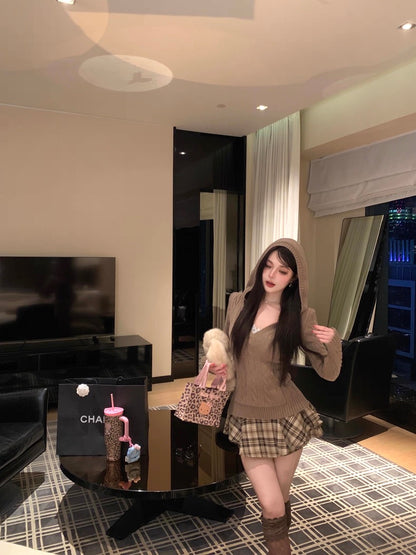 V-Neck Hooded Knitted Pullover for Women C0020