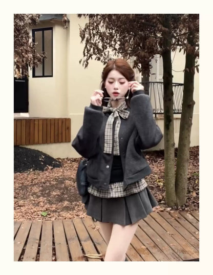 Wool-Blend Baseball Jacket Layered Long-Sleeve Tee & Pleated Skirt Set C0019