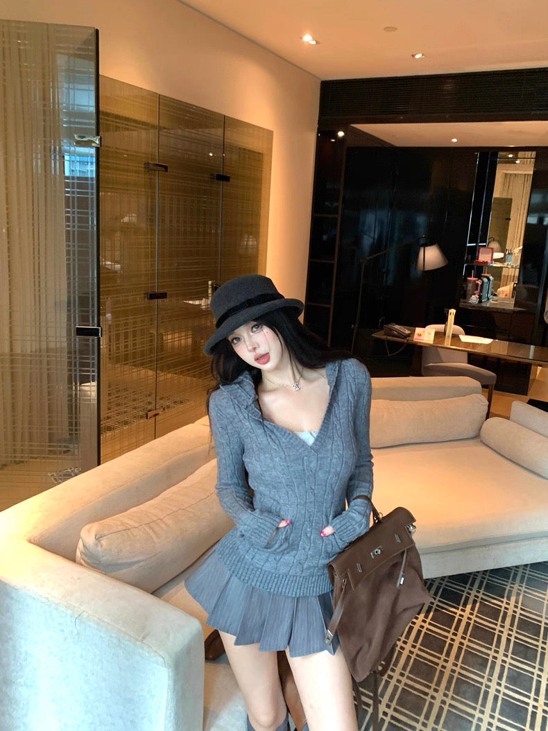 V-Neck Hooded Knitted Pullover for Women C0020