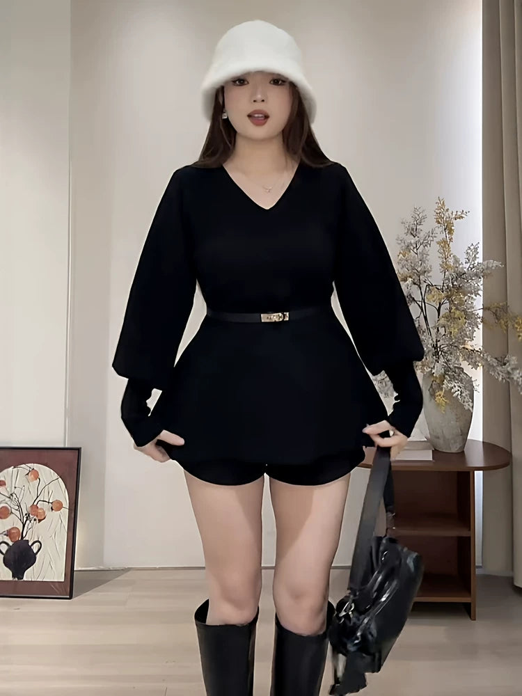 V-neck waist lantern sleeve knitted sweater FE0513