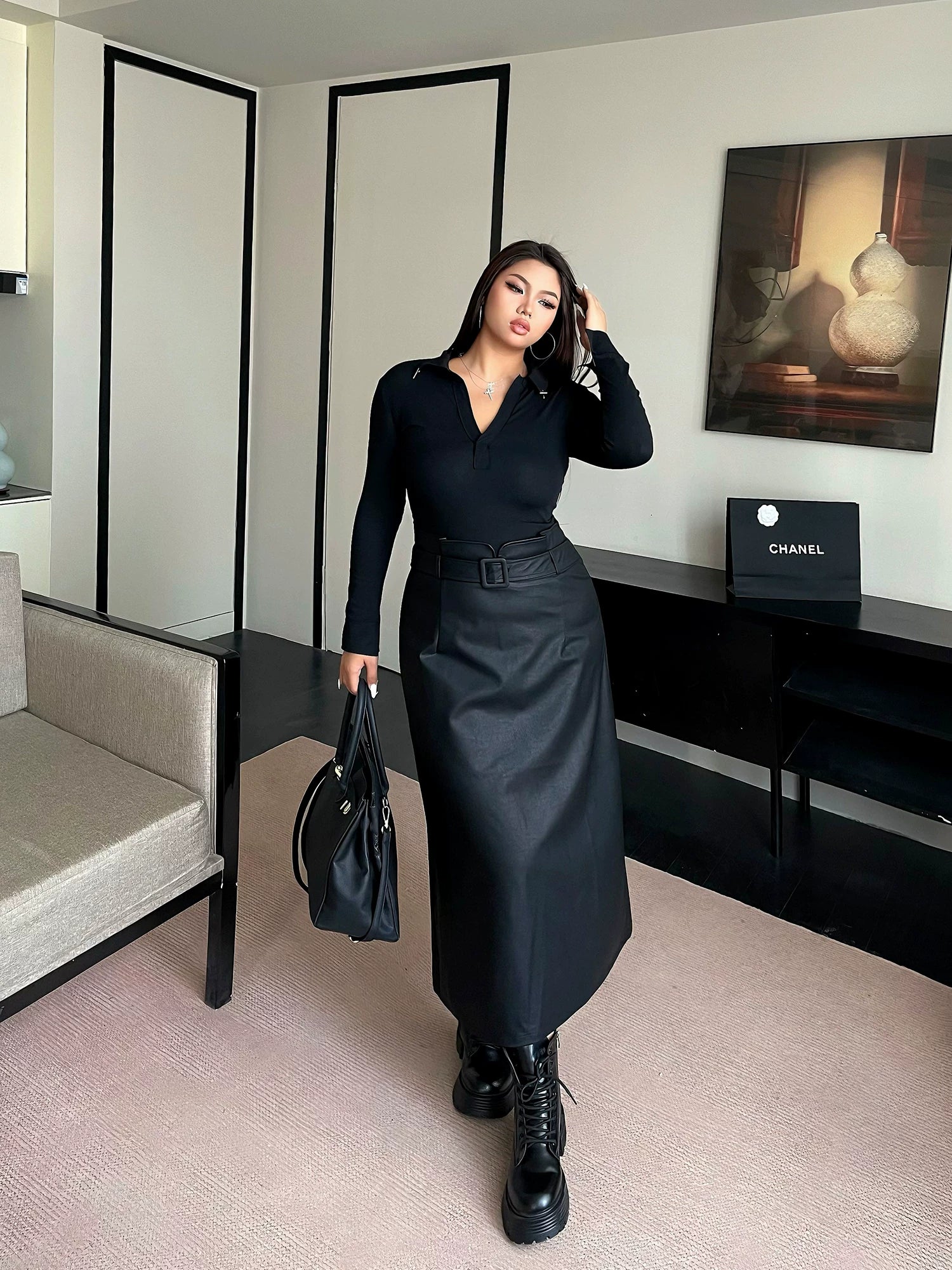 Black high waist hip leather skirt FE0450