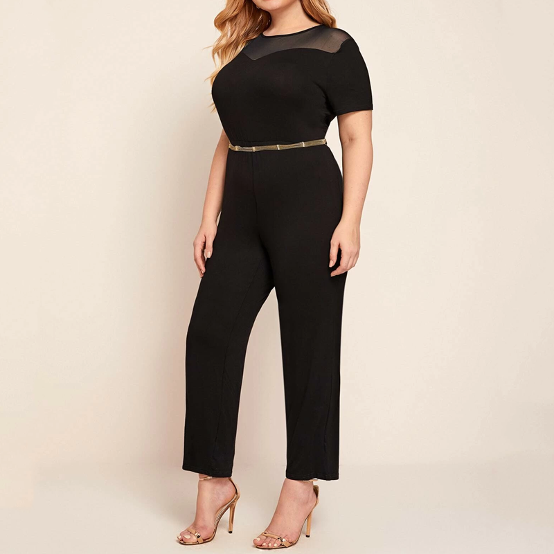 Mesh stitching V-neck black short-sleeved onesie F0439