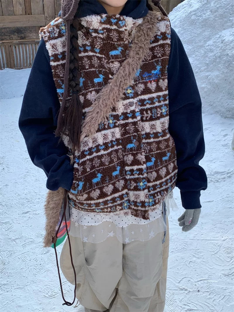 Vintage lamb wool short stand-up collar pattern vest f0279