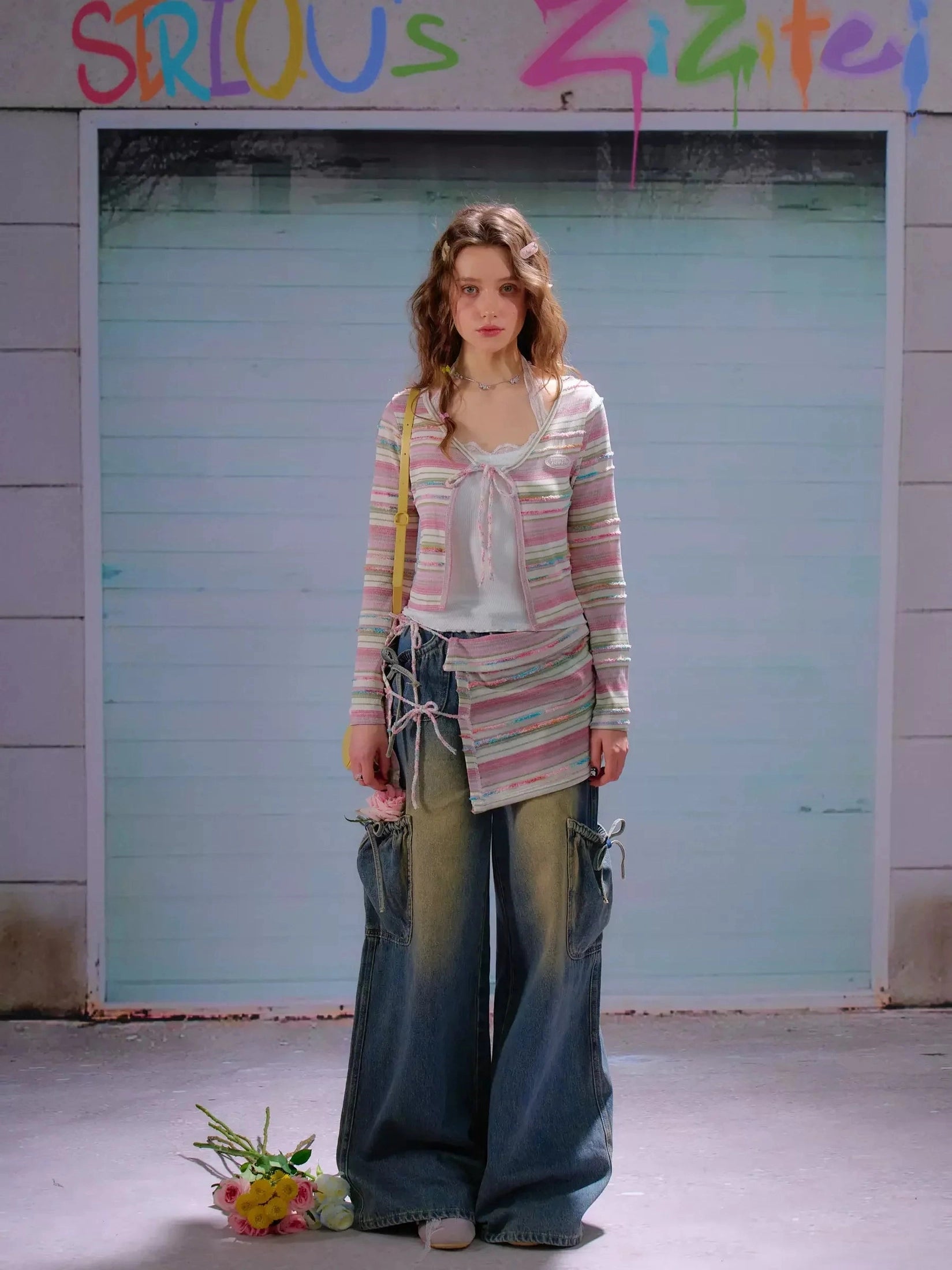 Ribbon-Tie High-Waist Wide-Leg Jeans  f0403