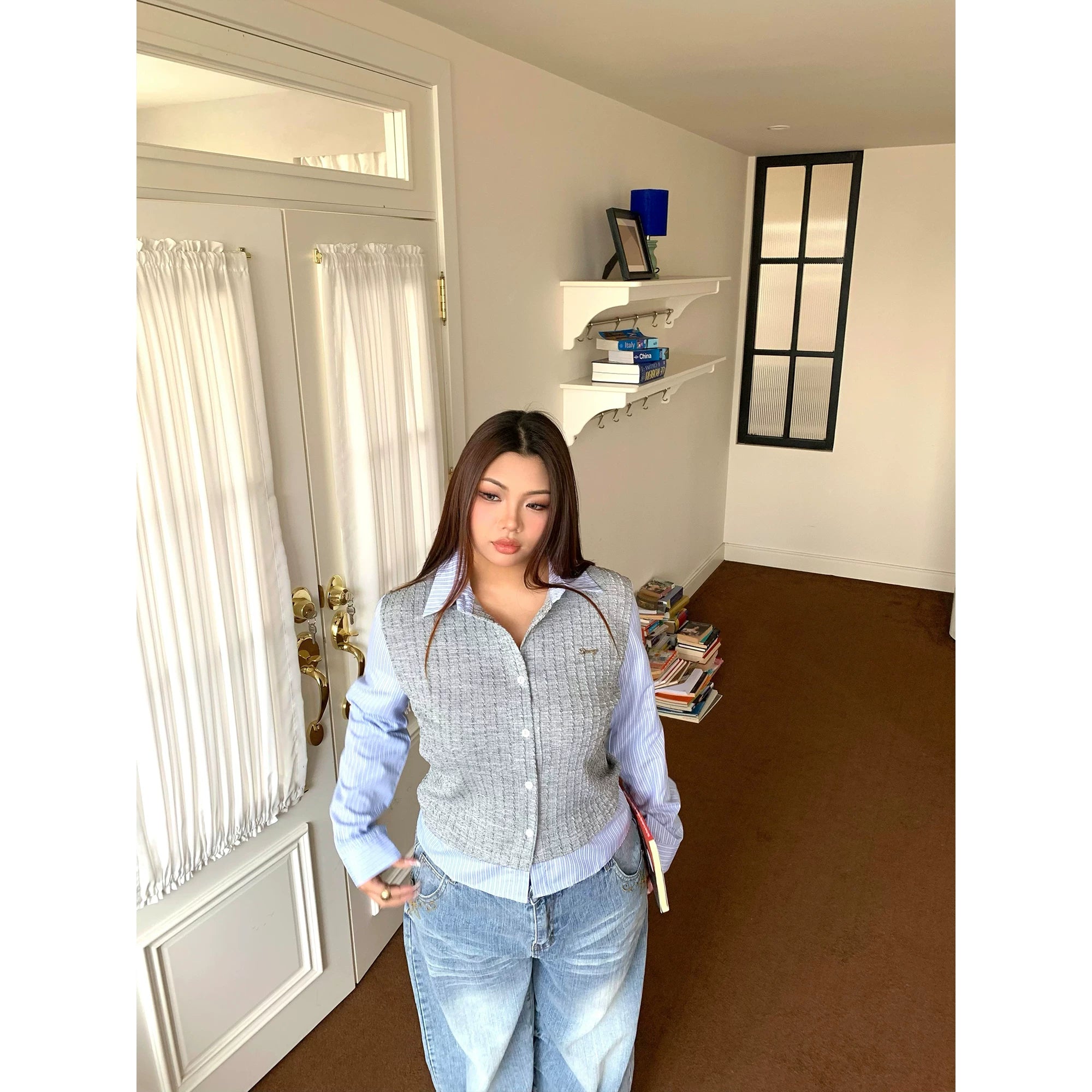 College style fake two-piece splicing shirt FE0462