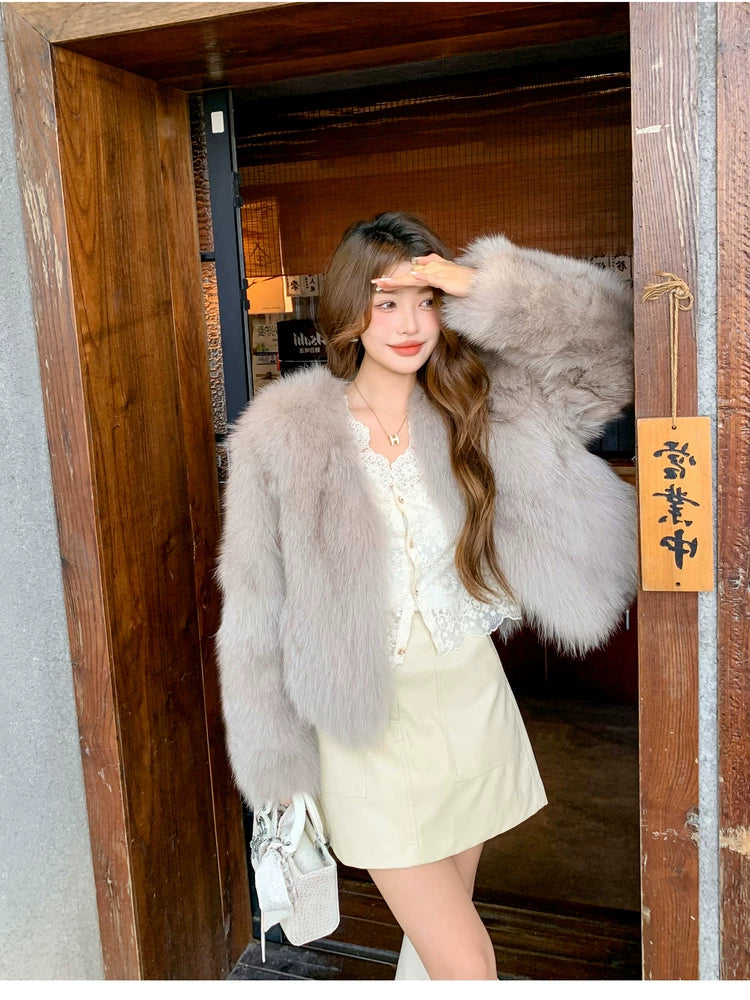 Short V-neck eco-friendly fur fox fur jacket f0305
