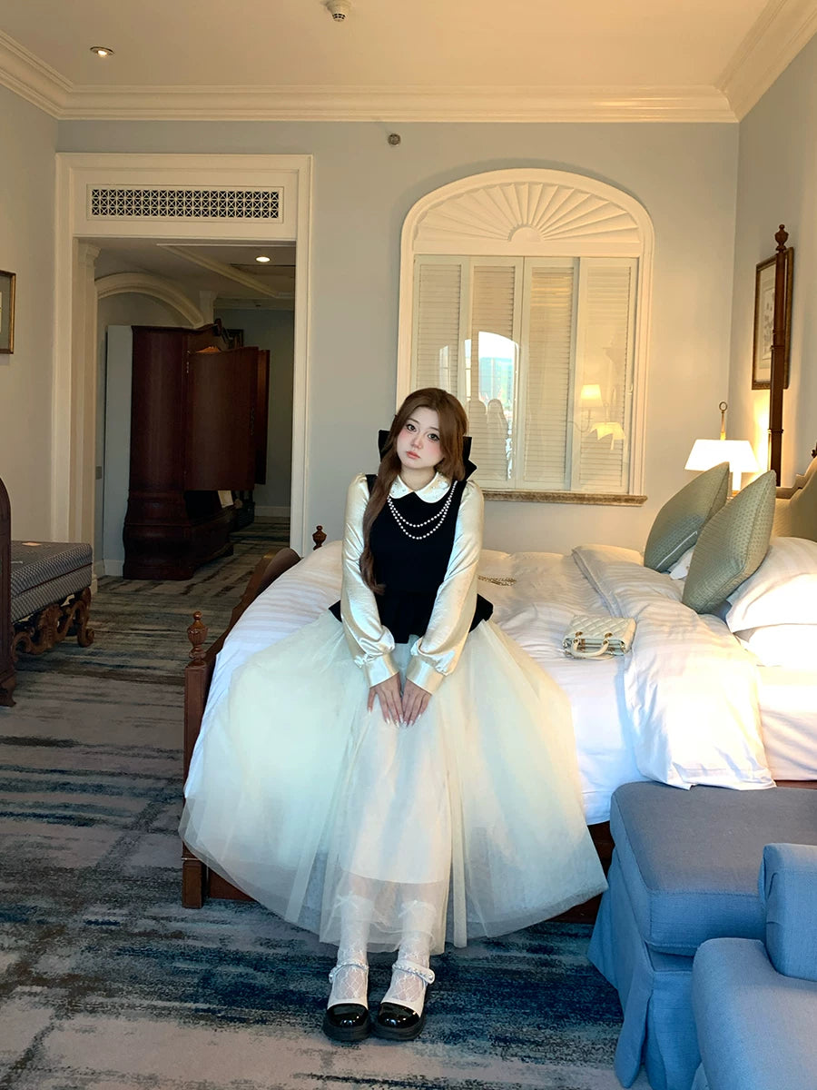 Qianjin wind contrasting color mesh dress FE0490