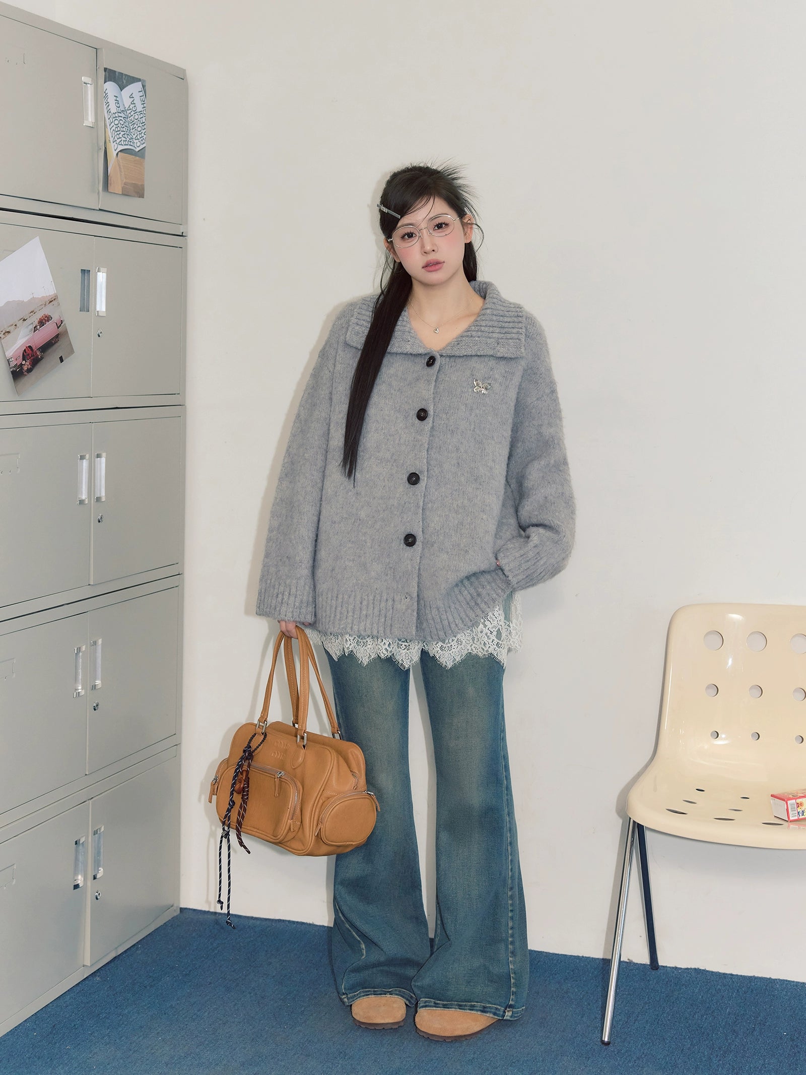 Grey lapel button-down sweater C0226