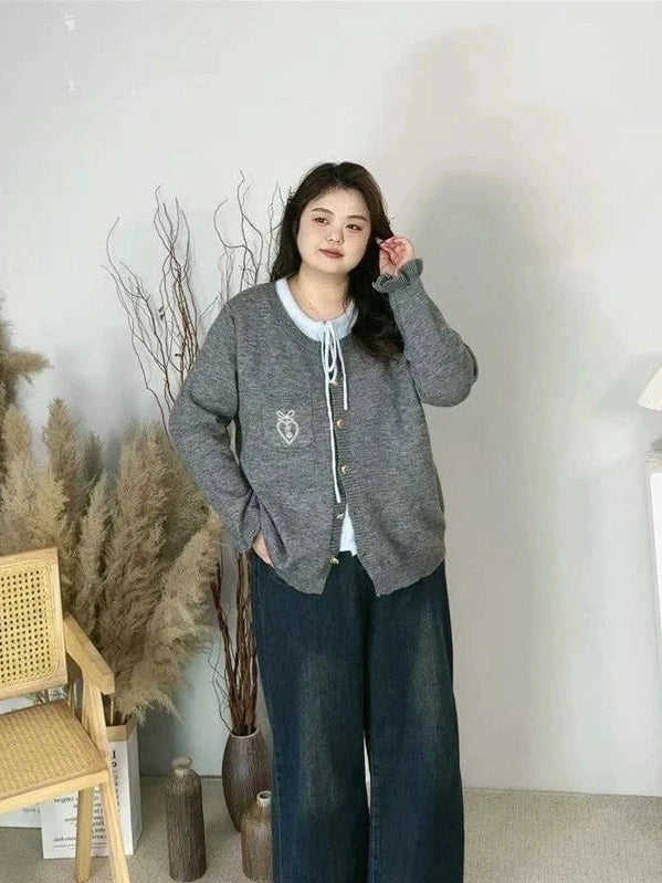 Crew neck fake two-piece knitted sweater f0288