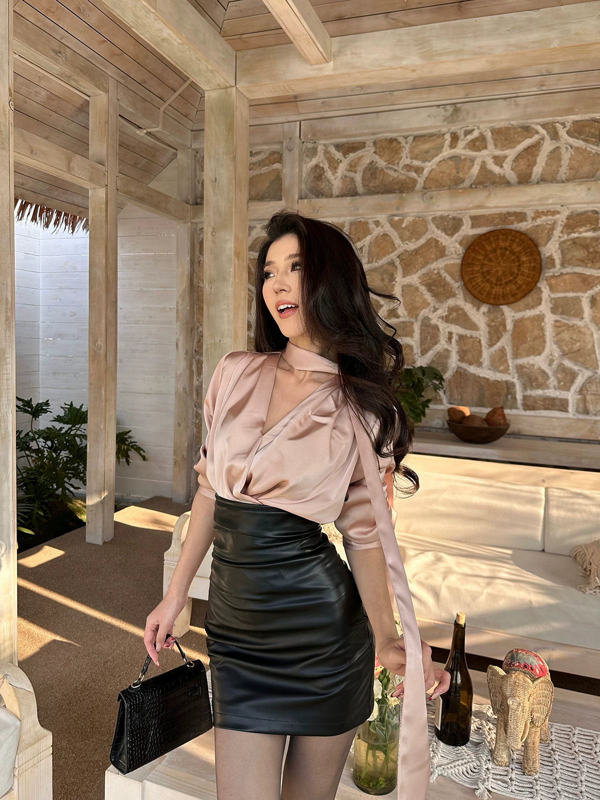 Satin shirt PU leather skirt two-piece set fe0516