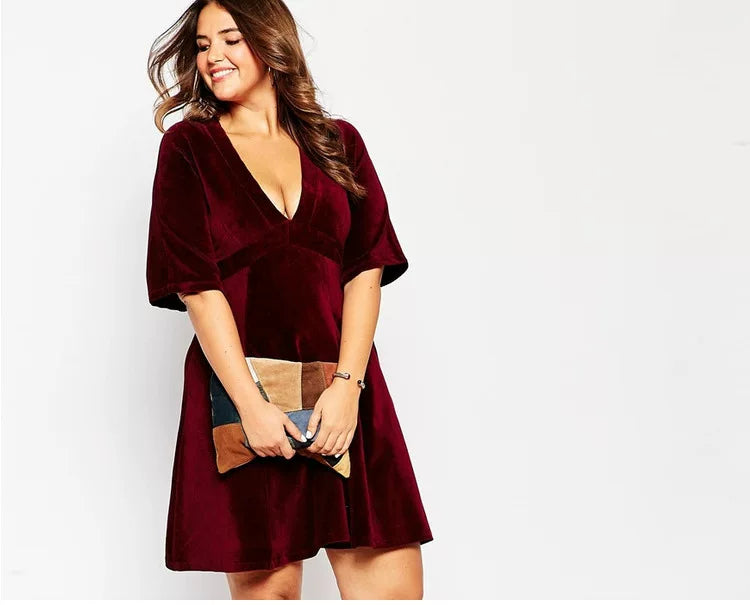 Burgundy Velvet Deep V Short Sleeve Dress F0425