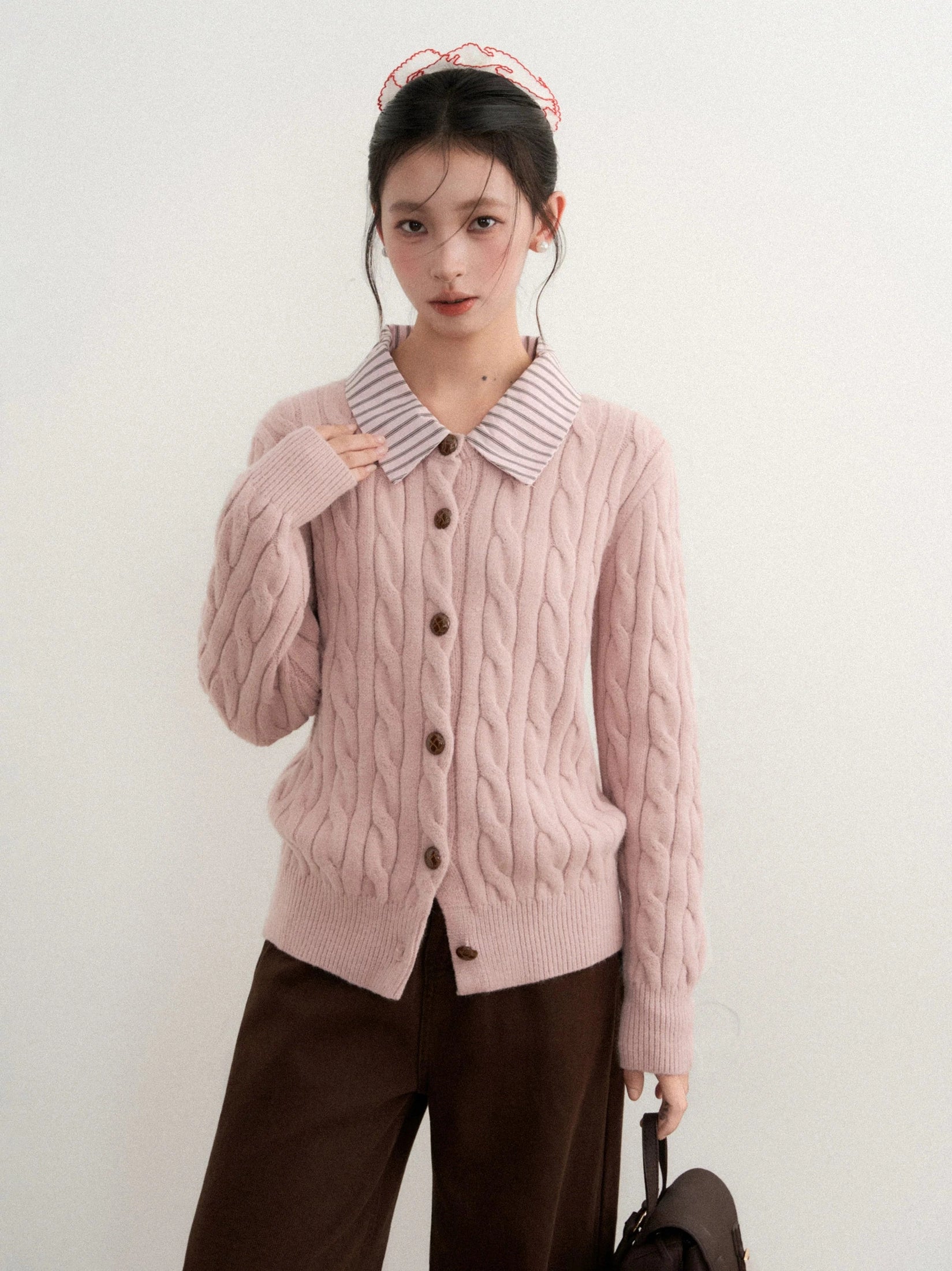 Pink polo neck long-sleeved knitted sweater f0309