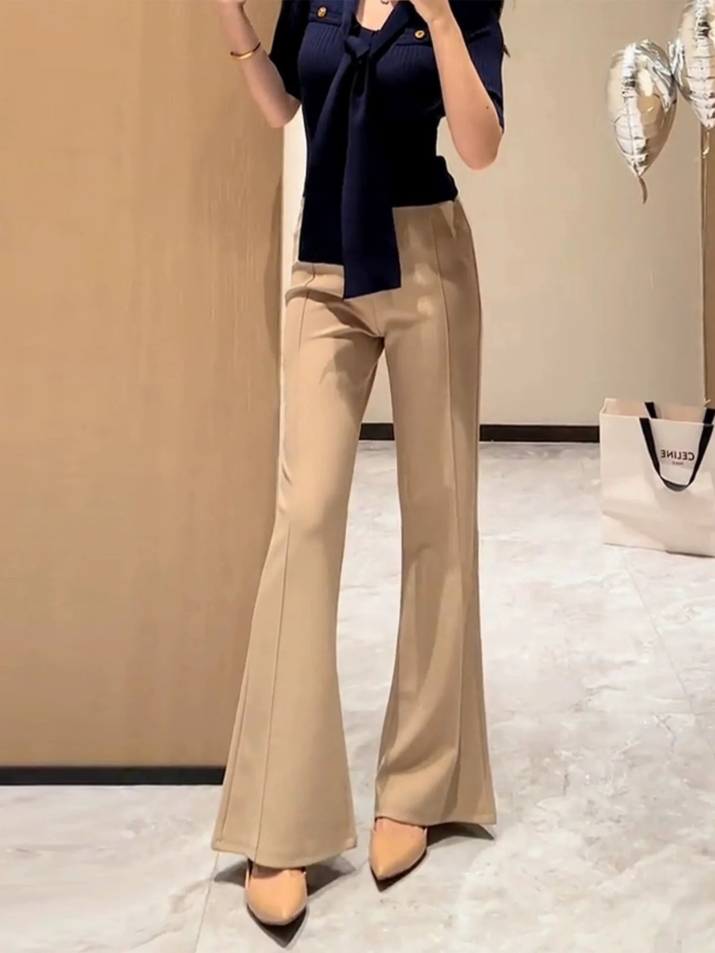 Khaki slightly stretched wide-leg pants fe0520