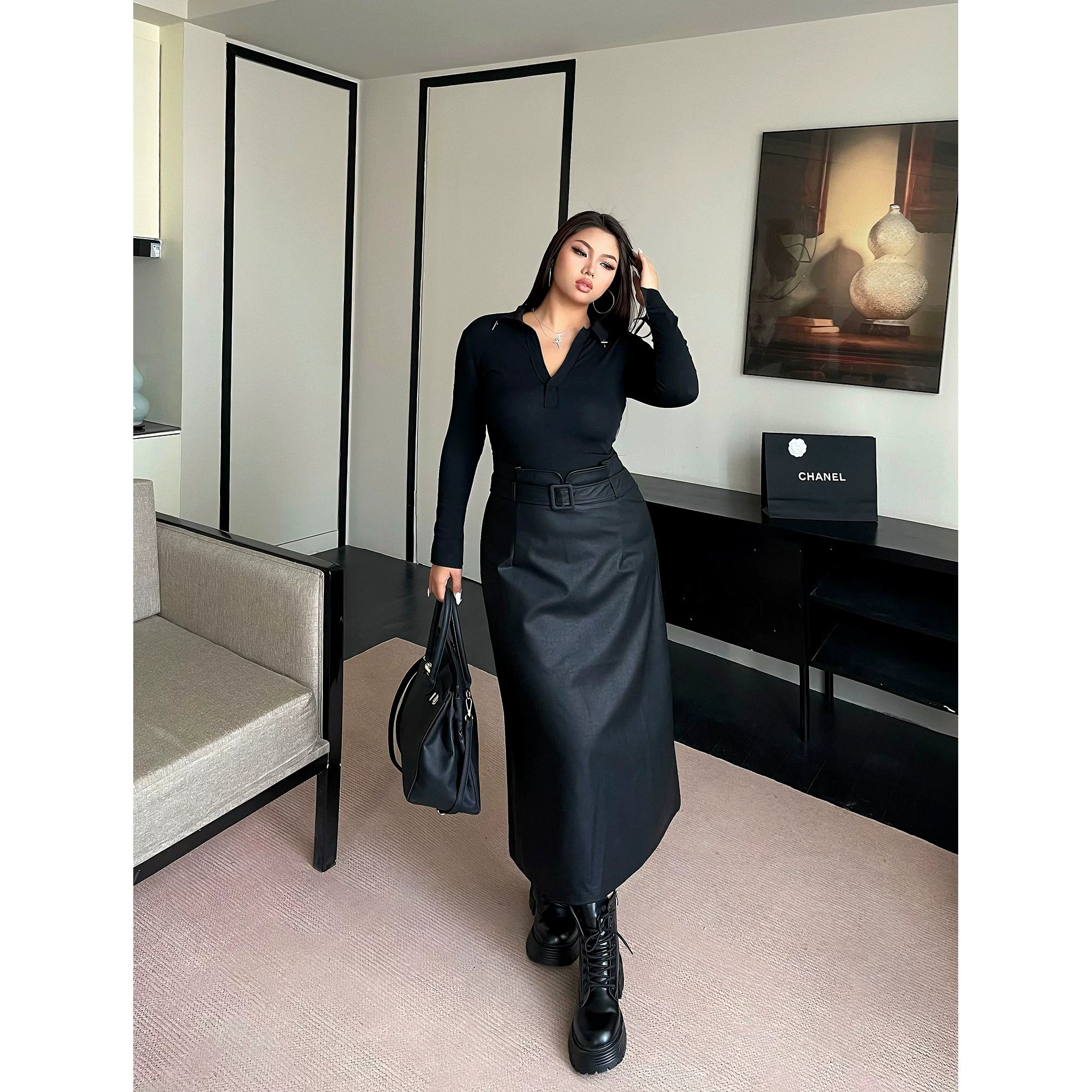 Black high waist hip leather skirt FE0450