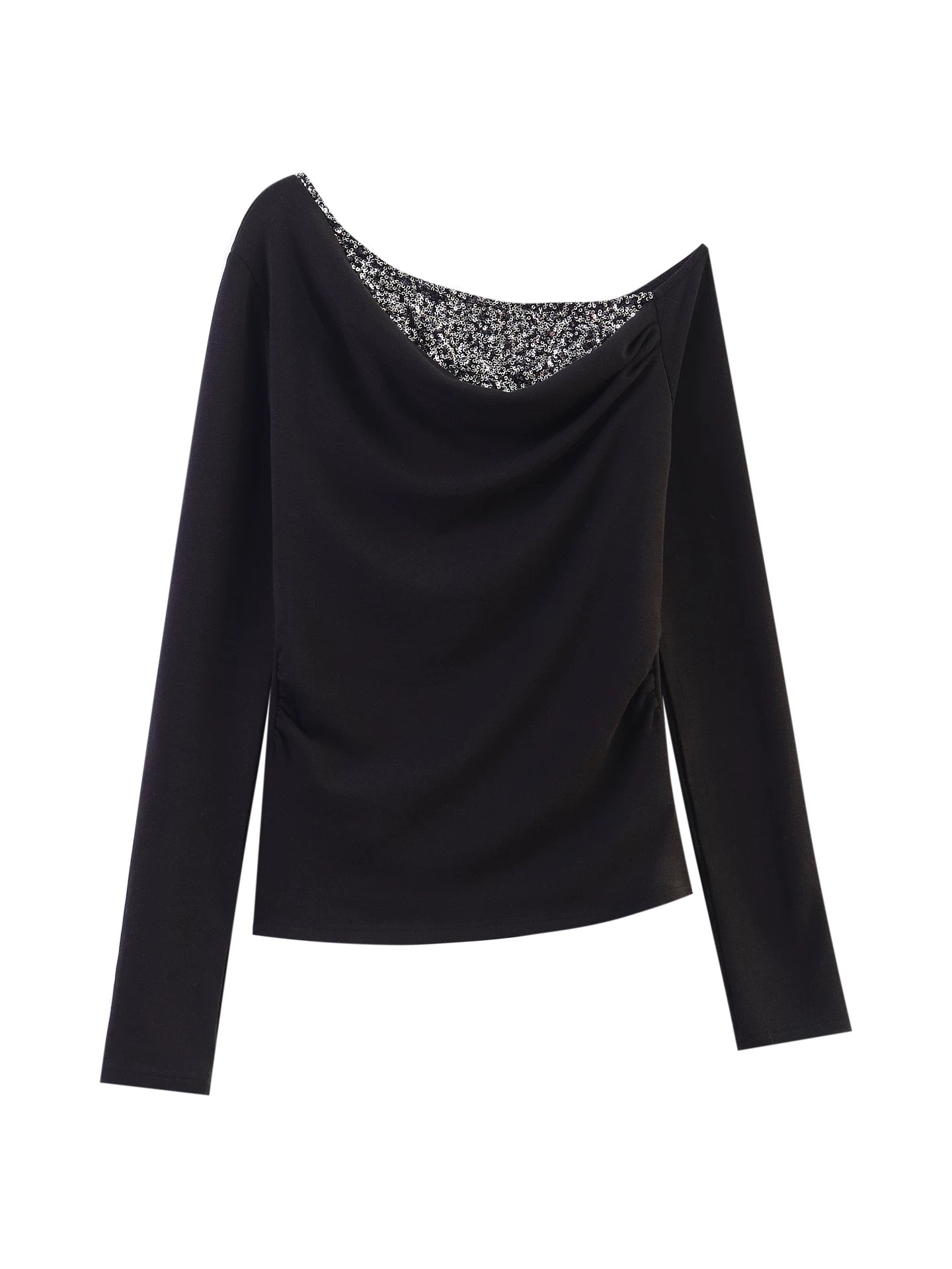 Off-the-shoulder panelled sequin long-sleeved T-shirt fe0521