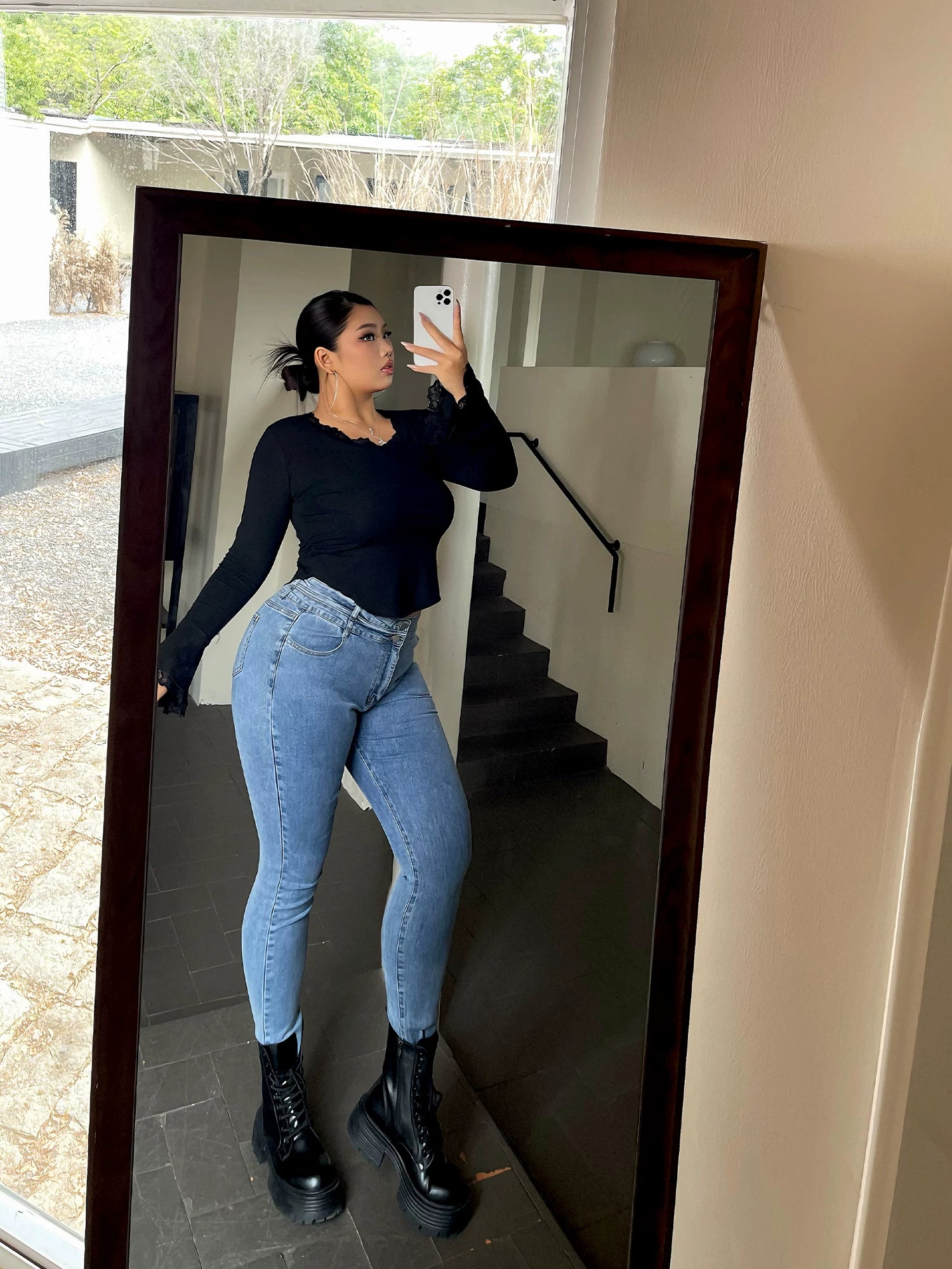 Pure lace splicing horn sleeve T-shirt FE0492