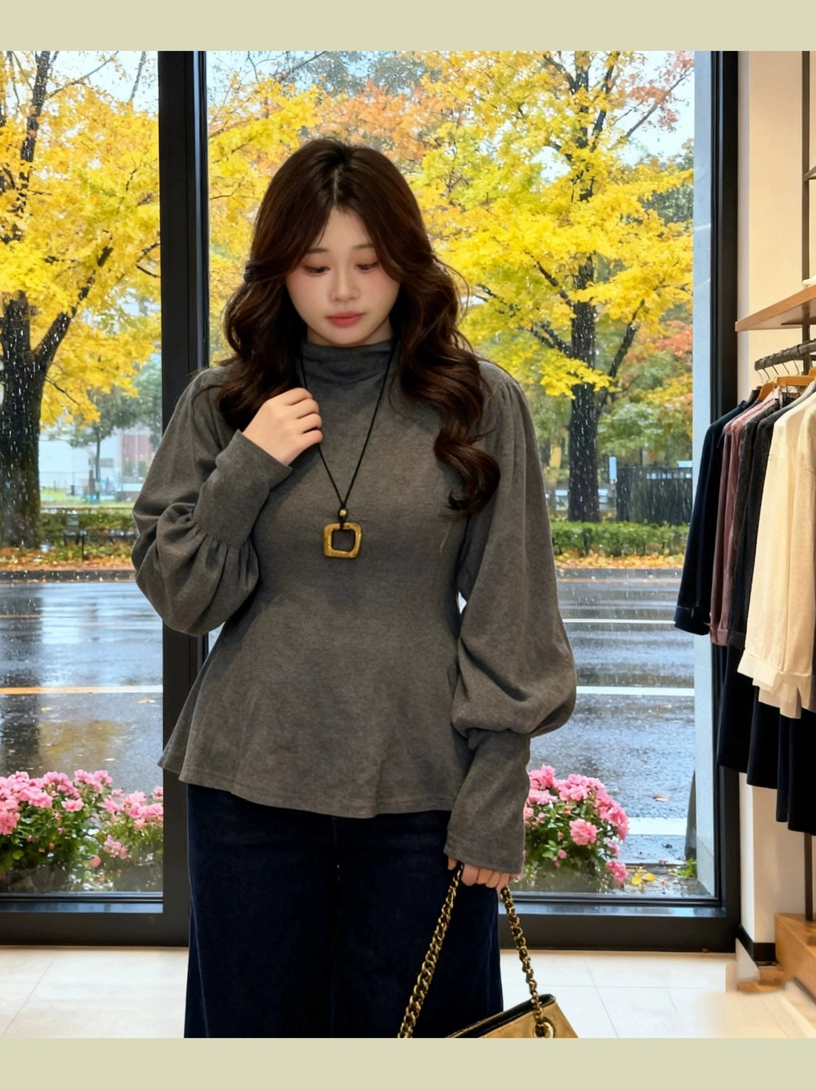 Grey half turtleneck long-sleeved t-shirt with f0286 inside