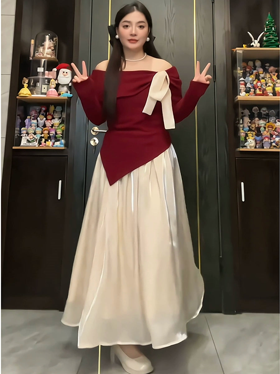 One-word shoulder bow knitted top C0223