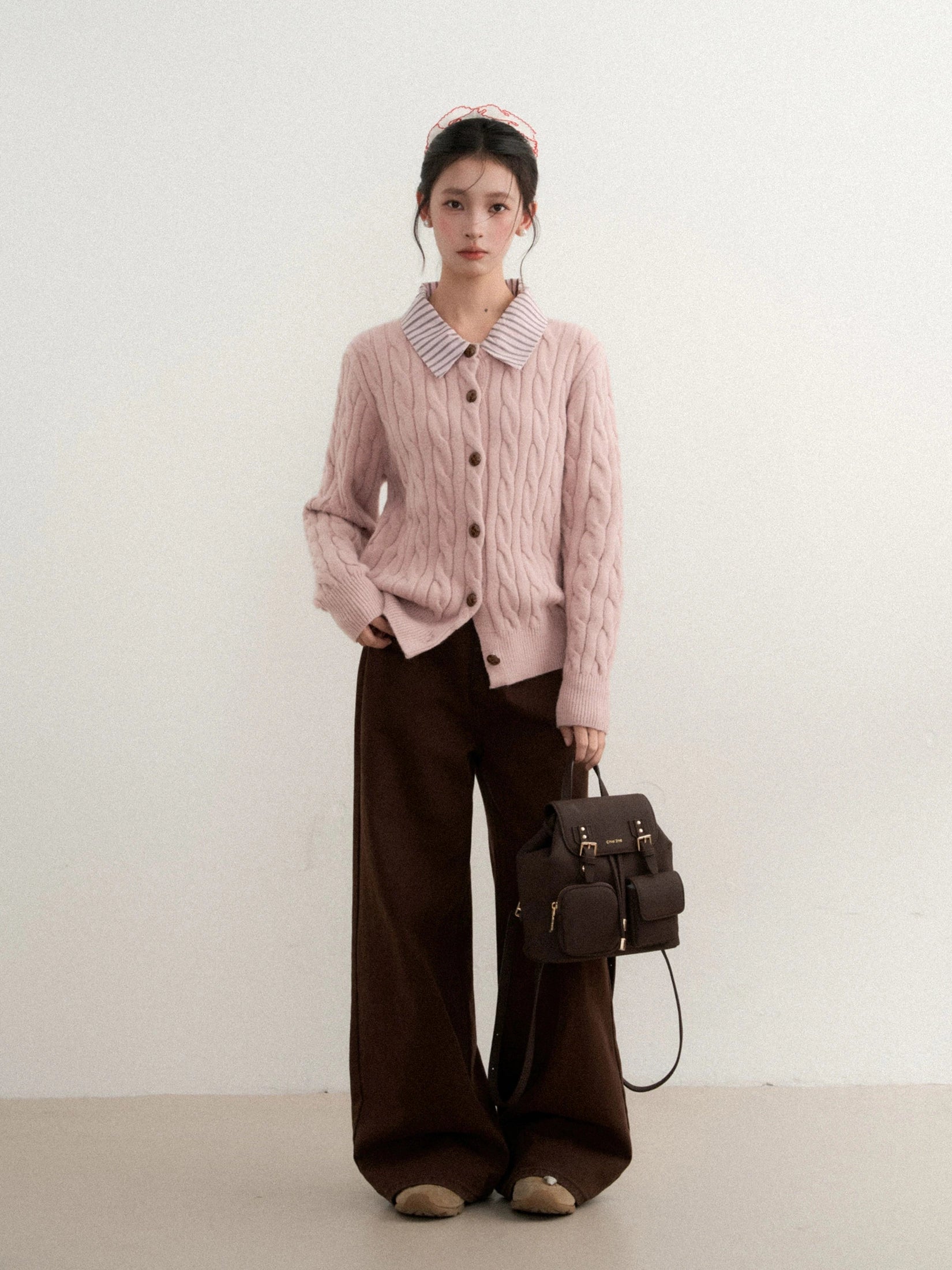 Pink polo neck long-sleeved knitted sweater f0309