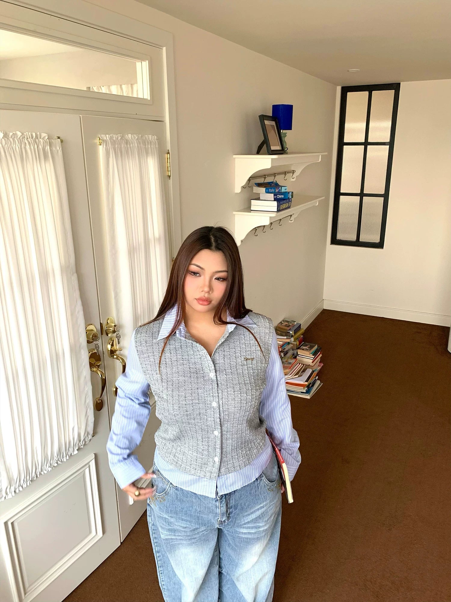 College style fake two-piece splicing shirt FE0462