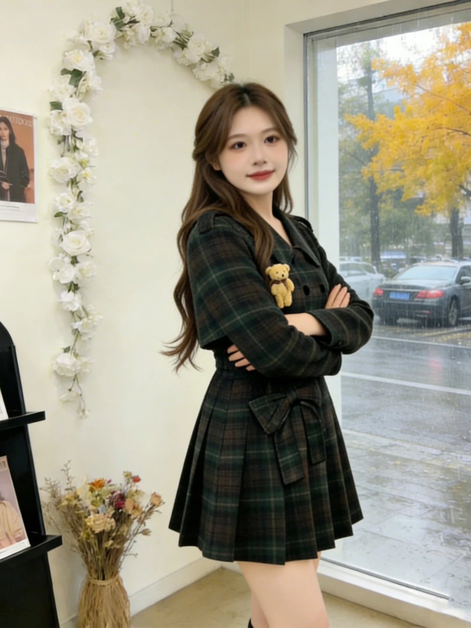 Large size retro plaid cape + pleated skirt two-piece set f0415