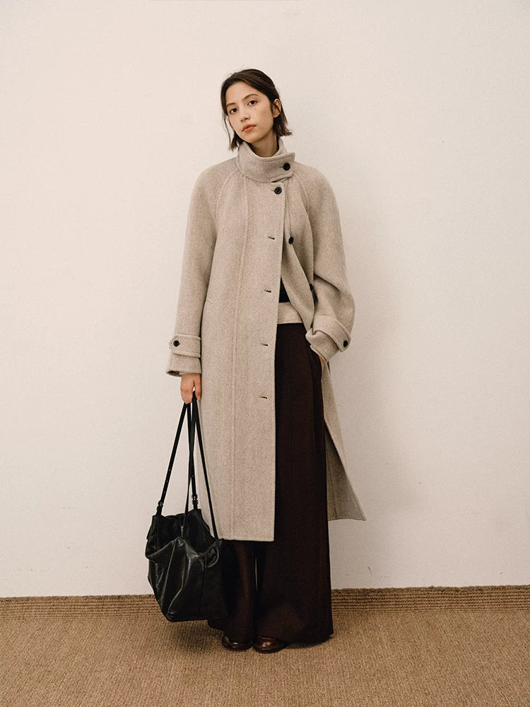 French wool stand-up neck belt long woolen coat f0261