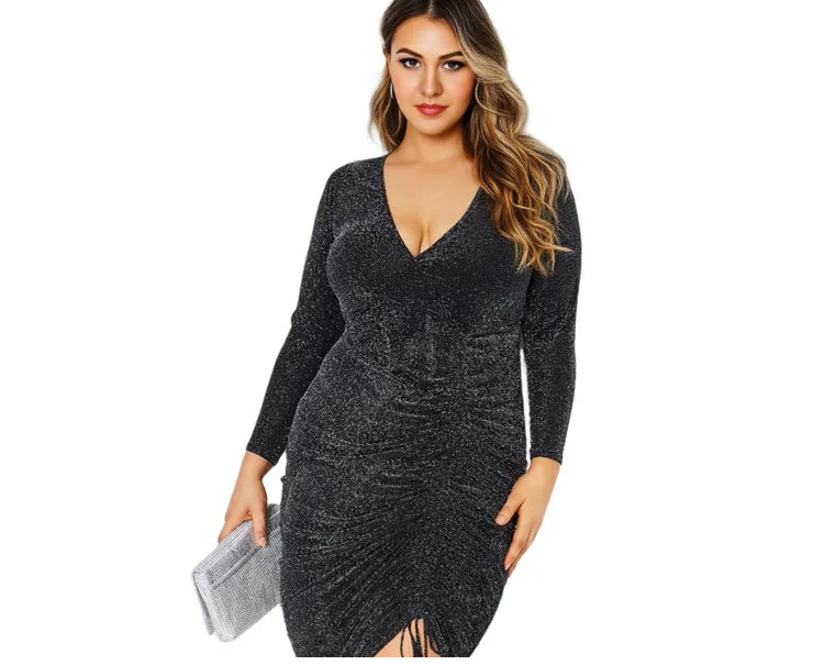 Solid color V-neck pleated drawstring dress F0428