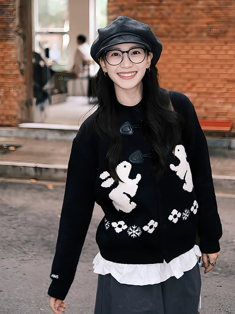 Black retro horn buckle knitted cardigan f0273