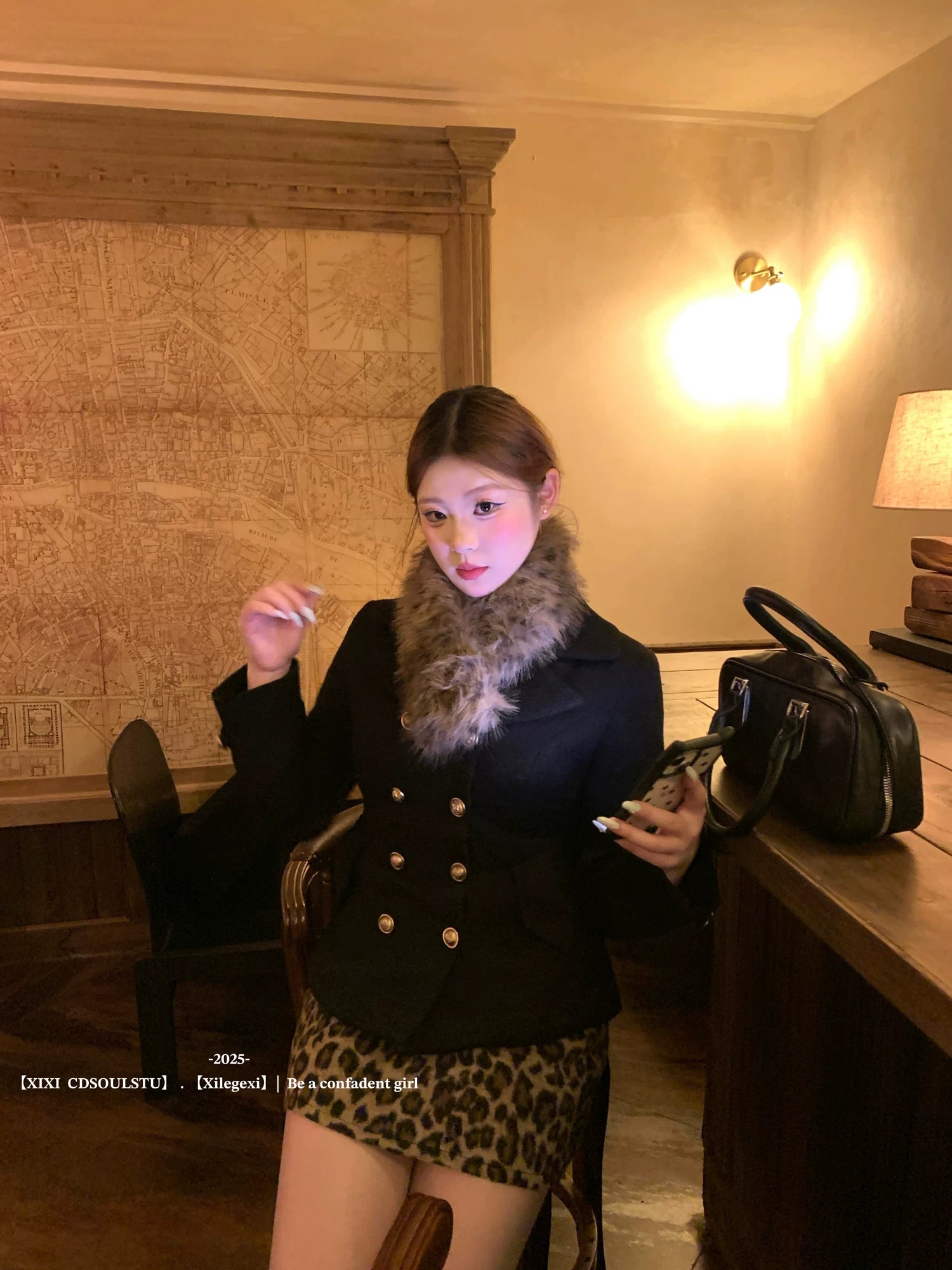 French vintage suit women's fur collar jacket  leopard print skirt FE0455