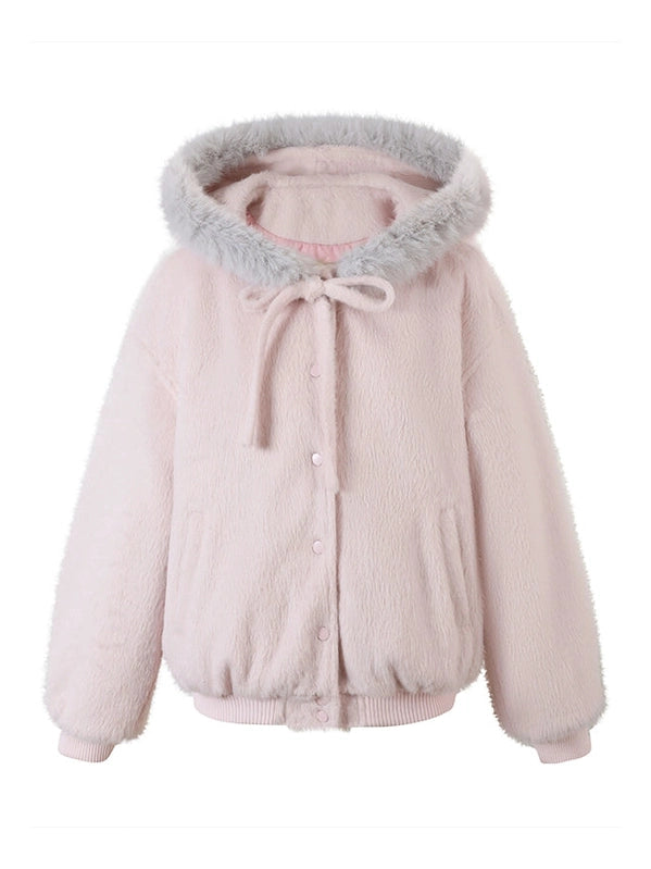 Pink bow hooded fluffy thickened baseball jersey f0270