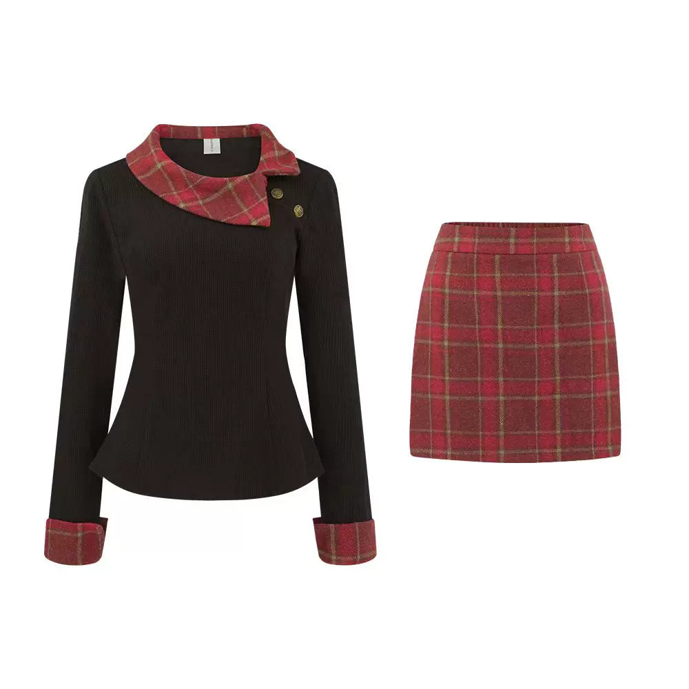 French temperament women's plaid splicing set FE0517