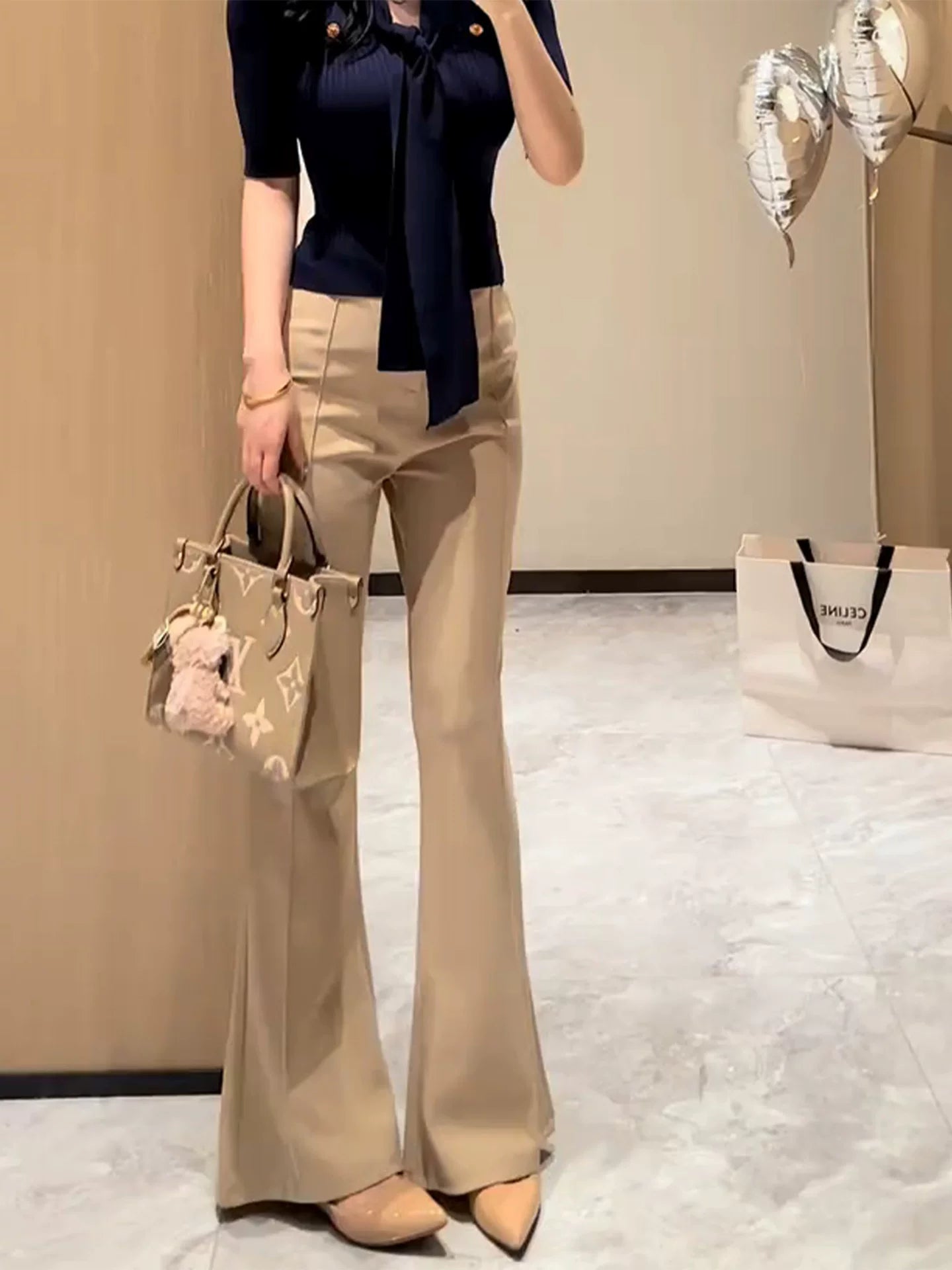 Khaki slightly stretched wide-leg pants fe0520