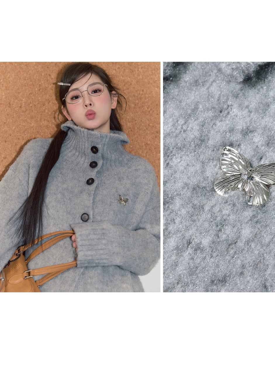 Grey lapel button-down sweater C0226