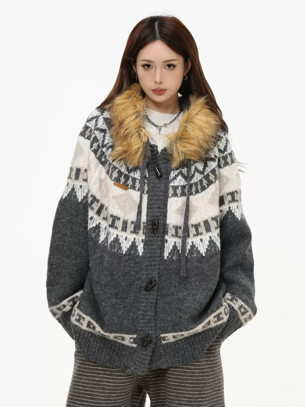 Removable fur collar fair island sweater f0419