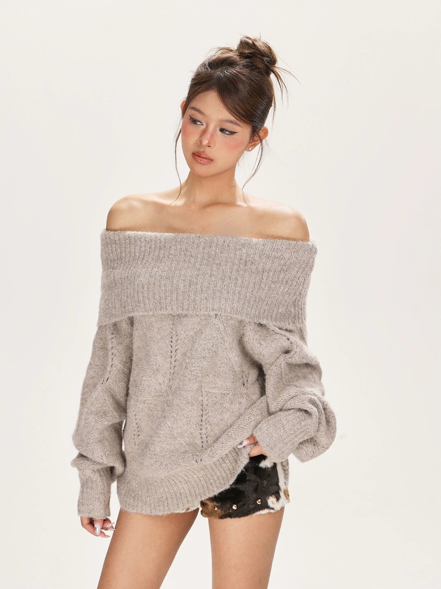 One-word shoulder knitted sweater off-the-shoulder sweater f0306